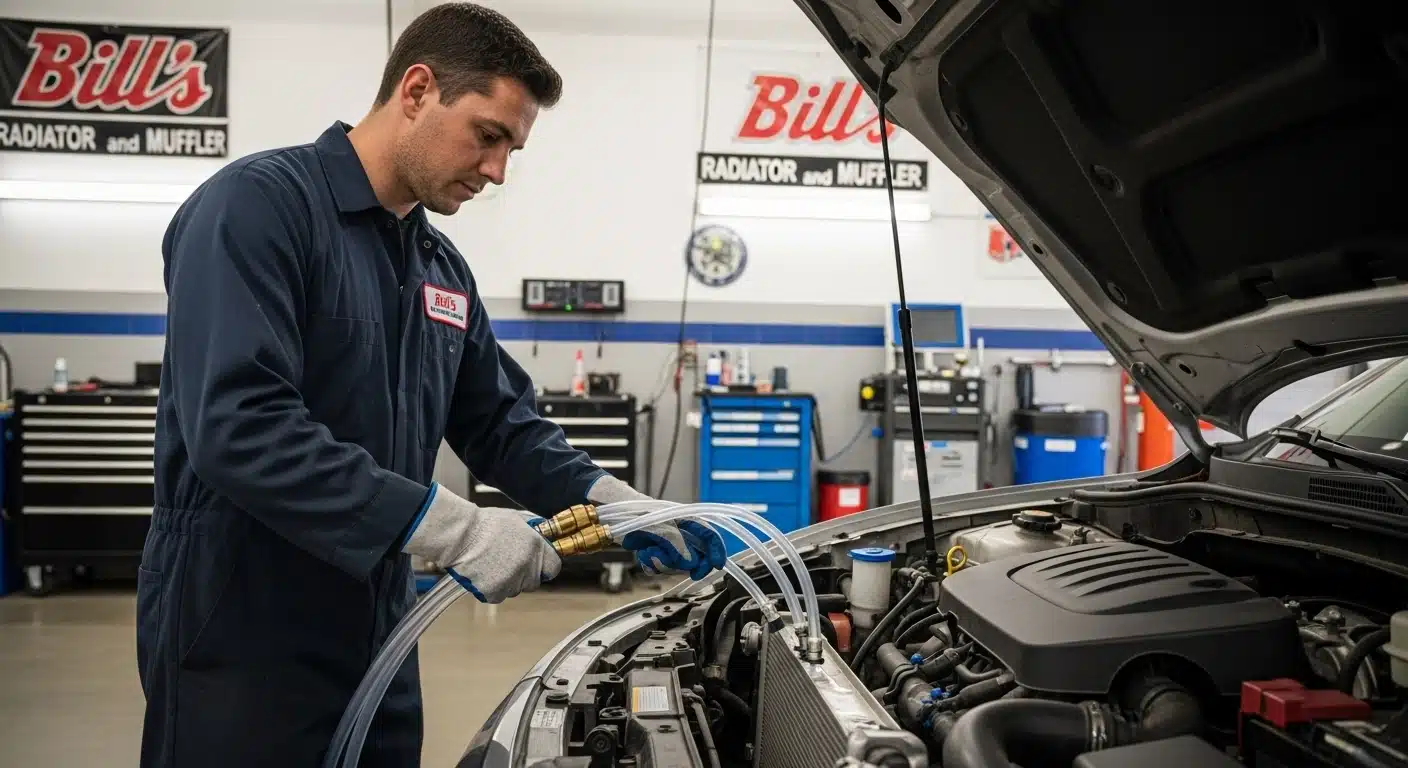 Radiator Power Flush Service Technician Inspecting A Car Radiator And Cooling Hoses At A Local Repair Shop